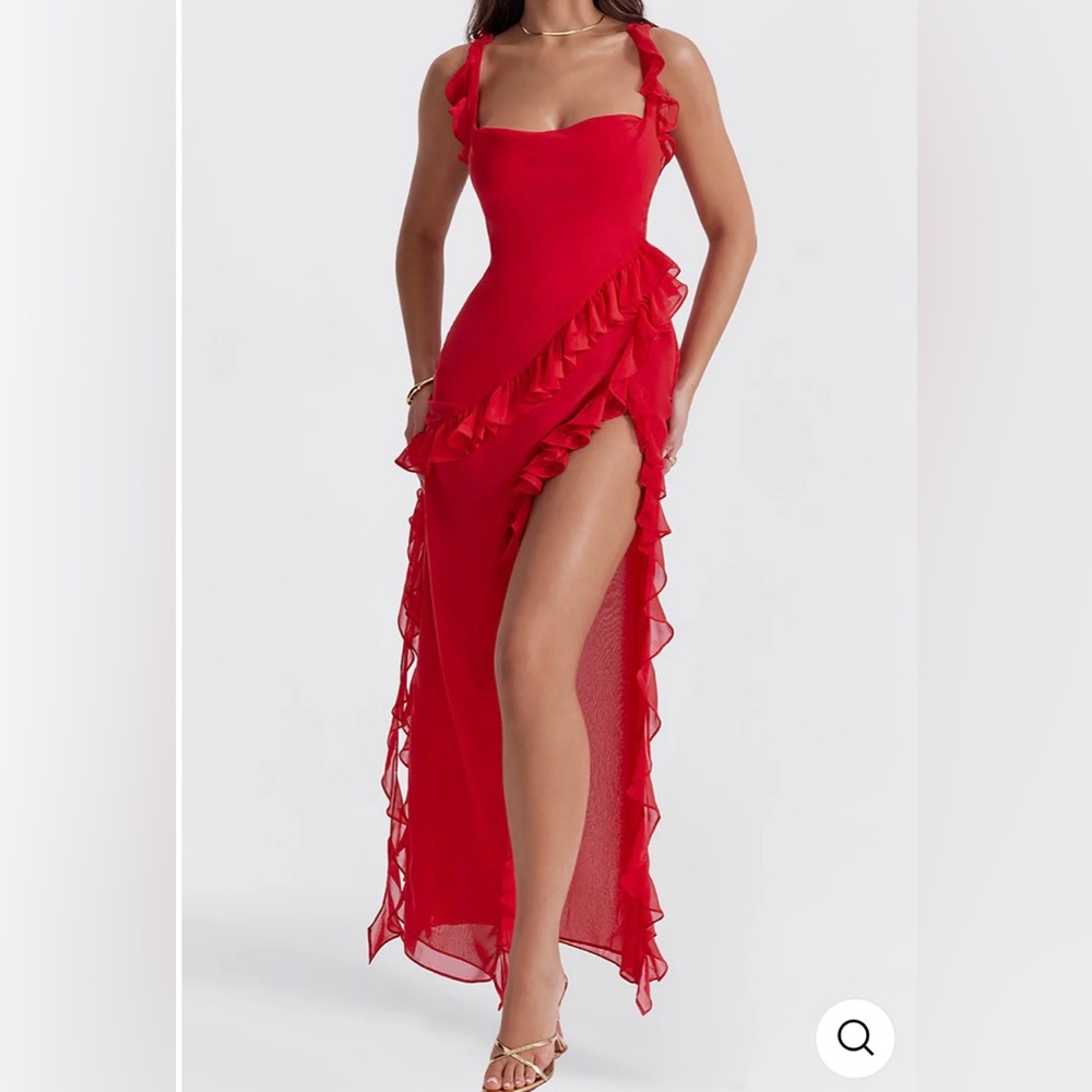 Ruffle Trim Square Neck Slit Sleeveless Maxi Dress